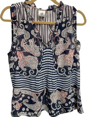 Cabi Navy Paisley Stripe Sleeveless Blouse Size Medium